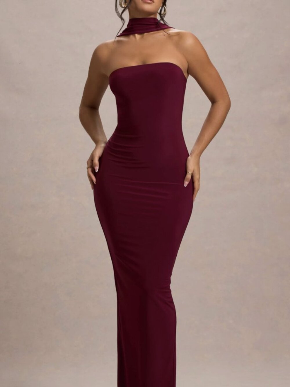 Nobu Burgundy Bandeau Maxi Dress With Halter-Collar